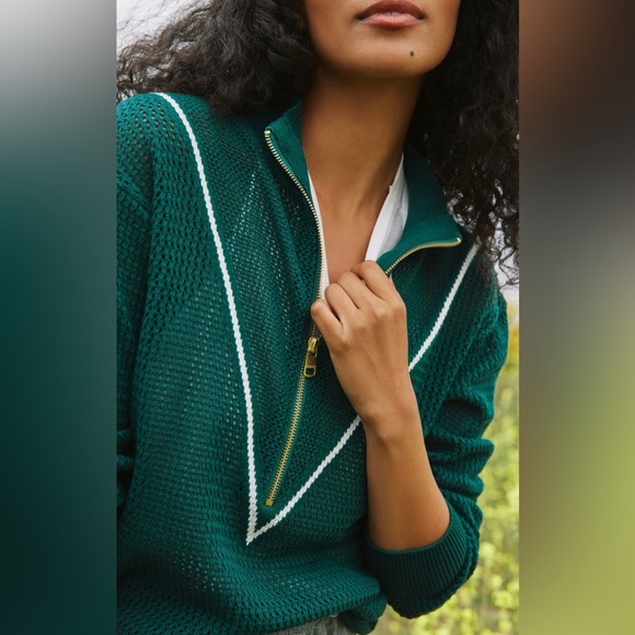 Varley Green Half-Zip Textured Sweater with White Trim - Picture 2 of 9